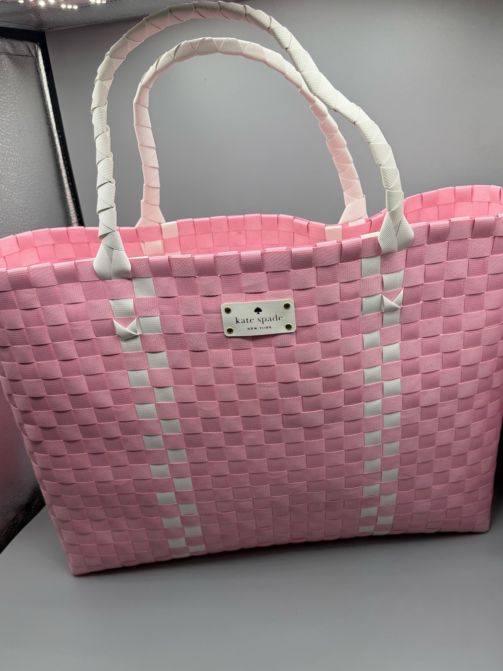 kate spade Pink and White Woven Tote